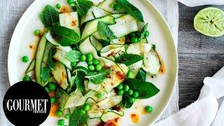 Zucchini, pea and mint salad with spiced lamb ribs | Gourmet Traveller