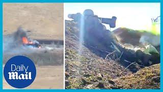 Moment Ukraine soldier destroys Russian tank with US-made Javelin missile