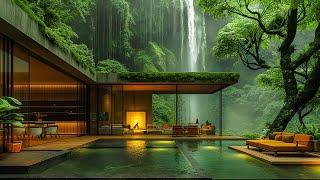 Soft Jazz Music & Waterfall Sounds In Cozy Living Room - Warm Jazz In Autumn Forest Ambience