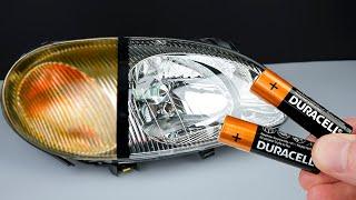 Old headlight as new in 1 minute! Amazing Way to Recover with Batteries!