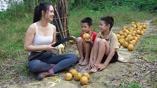 Harvesting wild fruits for kids. Survival cutting leaves making cakes peaceful life