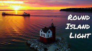 Round Island Lighthouse - Mackinac Island - Aerial 4K video of Round Island Light & Mackinac Island