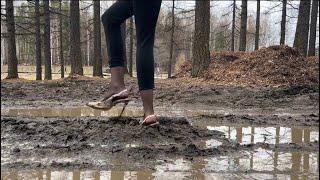 Dirty shoes, muddy feet, messy stockings, crush shoes, abuse high heels, abuse shoes, walk on mud