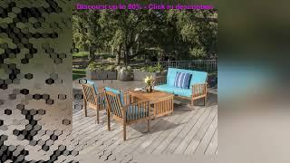 #Outdoor Acacia Wood Sofa Set With Water Resistant Cushions, 4-Pcs Set, Brown Patina / Teal