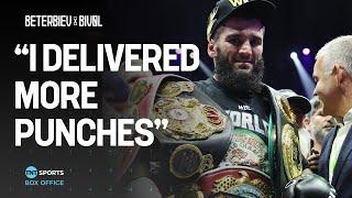 Artur Beterbiev reacts after beating Dmitry Bivol to become Undisputed Light Heavyweight champion 