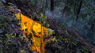 camping in heavy rain , Building a warm shelter | Cottage in the ground, moss roof