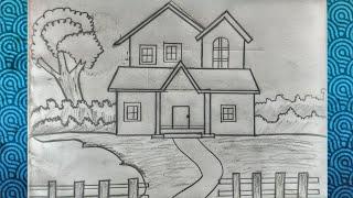 house scenery drawing | ghar ka chitra | house drawing | beautiful drawings step by step