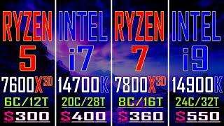 RYZEN 5 7600X3D vs INTEL i7 14700K vs RYZEN 7 7800X3D vs INTEL i9 14900K || PC GAMES TEST ||