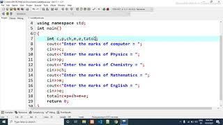 C++ Program | Find the average, sum and percentage of marks of a student in five different subjects