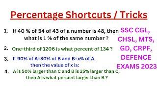 Percentage Tricks / Shortcuts/ Formula | Percentage Problems| SSC CGL MTS CHSL RRB WB FOOD SI ||