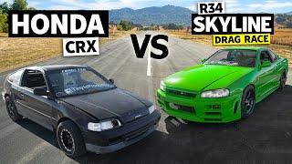 Can an R34 Skyline beat an All Motor CRX? Honda vs Haters no-prep Drag Race!