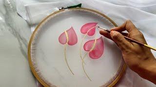 Flamingo Flowers Painting on Organza Fabric | Gold Gutta Painting on Fabric | Simple Fabric Painting