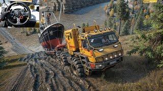 SnowRunner - Hauling a Boat With Azov 4220 Antartic on a Muddy Road | Logitech G29 Gameplay | #677