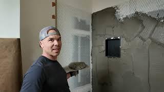 How I FLOAT a SHOWER --- OLD SCHOOL Tile Shower Build 2024 Episode 3