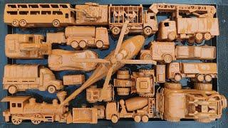 cleans toys, mixer truck, hellykopter, jeep off-road, army tank, excavator