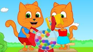 Cats Family in English - Let's fill the Gumball Machine Cartoon for Kids