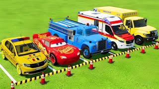 TRANSPORTING POLICE CARS, AMBULANCE and FIRE DEPARTMENT VEHICLES WITH TRUCKS ! Farming Simulator 22