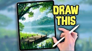 PROCREATE Landscape Drawing Tutorial in EASY STEPS - LAKE JETTY
