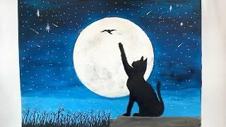 Mood picture. Cat under a full moon. Acrylic painting