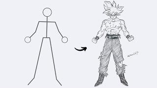 How to draw Goku Full Body out of Stick Man | Easy Step by Step