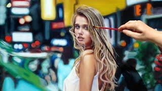 PHOTOREALISTIC OIL PAINTING TIME LAPSE  PORTRAIT ART VIDEO - Woman with City Bokeh Background