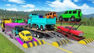 TRANSPORTING PIXAR CARS & FRUITS WITH COLORED & JOHN DEERE vs CLAAS vs TRACTORS - BeamNG.drive #962