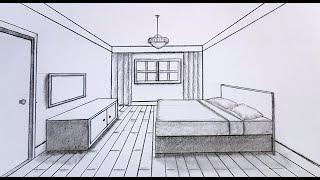 How to draw a bedroom in 1 point perspective step by step for beginners