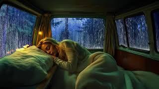 Sleeping in a foggy forest camping car with the relaxing sound of rain washing away all your stress