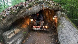 Bushcraft Shelter UNDER FALLEN TREE. Building a Secret Dugout. Survival Camping