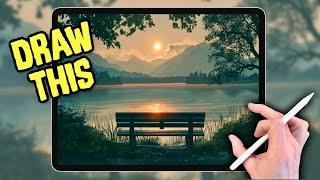 PROCREATE Landscape DRAWING Tutorial in EASY Steps - Lakeside Bench