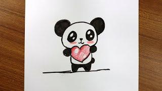 KAWAII PANDA DRAWING || HOW TO DRAW A CUTE PANDA HOLDING HEART