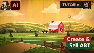 Rural Farm Landscape | Vector illustration in Adobe Illustrator | Tutorial