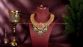 22k Gold Laxmi Devi Necklace with Emeralds and Kasulu @ Krishna Jewellers Pearls and Gems