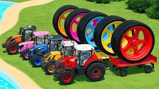 JOHN DEERE vs CLAAS vs FENDT vs LANDINI TRACTORS BATTLE WITH GIANT WHEELS - Farming Simulator 22