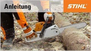 Liegendes Holz mit einer STIHL Motorsäge ablängen (Boden)