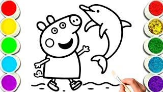 Peppa pig  with dolphin  easy drawing painting and colouring for kids and toddlers 