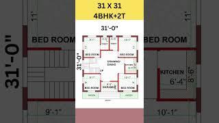 4 bed room village home plan in 31x31 feet, 31 by 31 makan ka naksha #shorts #homeplan #gharkadesign