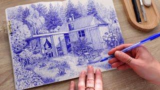 drawing a cottage landscape with a ballpoint pen / art process