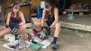 Beautiful girl repairs and restores lawn mower // Tâm repair girl