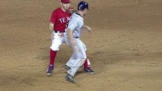 Stassi wanders off second, gets caught by Kinsler