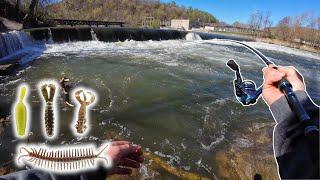 Testing multiple finesse baits at a RAGING SPILLWAY | ISHTECH ewg Ned hooks | SMALLMOUTH |