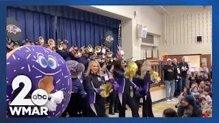 Ravens caravan holds Purple Friday Pep Rally at Bollman Bridge Elementary