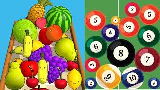 Watermelon Game 3D vs Billiards Merge 3D ASMR Gameplay (Fruits Evolution, Level Up Suika Balls 2048)