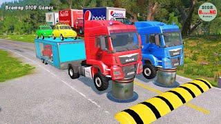 Double Flatbed Trailer Truck vs speed bumps|Busses vs speed bumps|Beamng Drive|1003