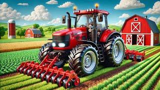 New Tractor Model with New Tires - Powerful Engine and Red Color of Tractor on Animated Farm