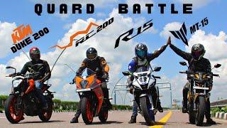 Yamaha R15m vs KTM RC200 vs Yamaha MT15 vs KTM Duke 200 Drag Race