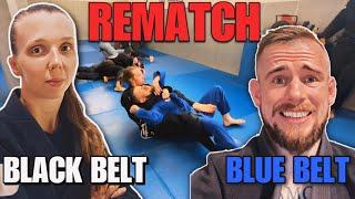 Female black belt vs. male blue belt REMATCH! — BJJ rolling commentary