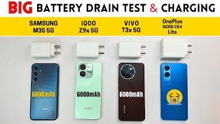 (5G) BATTERY Drain & Charging Test  SAMSUNG M35 5G vs iQOO Z9 vs VIVO T3x vs OnePlus Nord CE 4 Lite