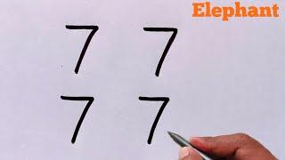 How to draw elephant from number 7777 | elephant drawing using number | elephant drawing easy