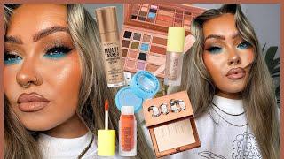 MAKEUP + HAIR GRWM  Trying heatless Curls  Bronze Glam | Pop of BLUE 🩵